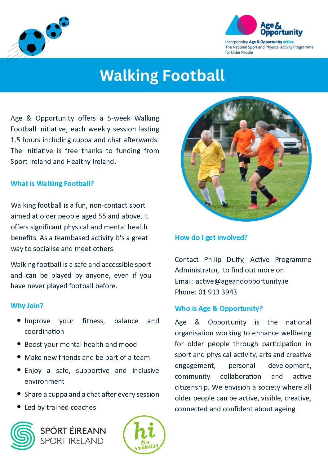 Flyer for Age & Opportunity Walking Football Intiative